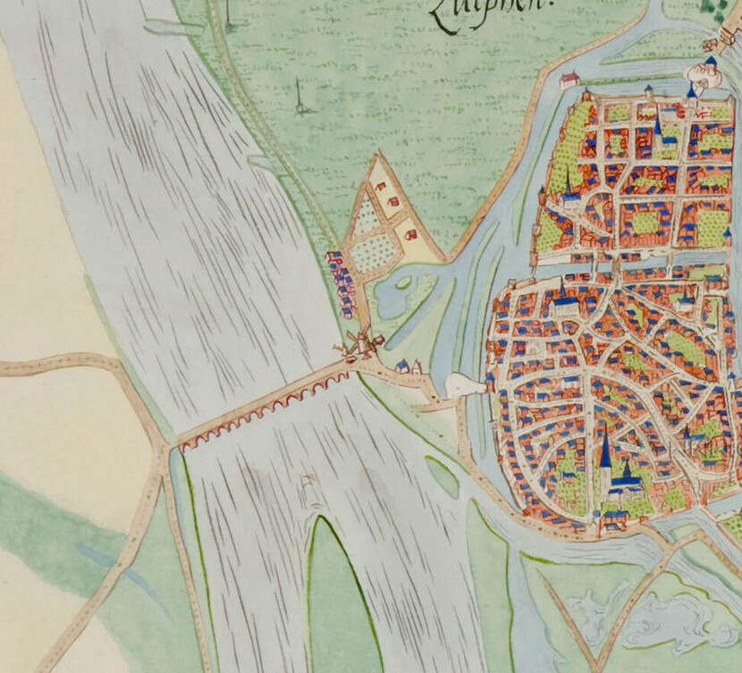 Een oudere, getekende kaart van een rivier die langs Zutphen loopt.