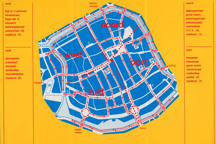 The 1977 Groningen Verkeerscirculatieplan: the inner city split into noord, west, oost and zuid sectors, with car movement forced back out onto the Diepenring.